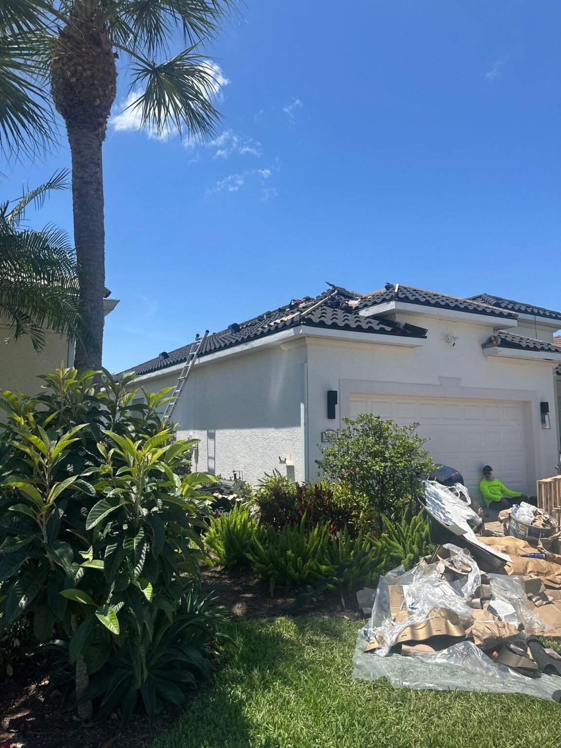 Membrane flat roof installation workers progress